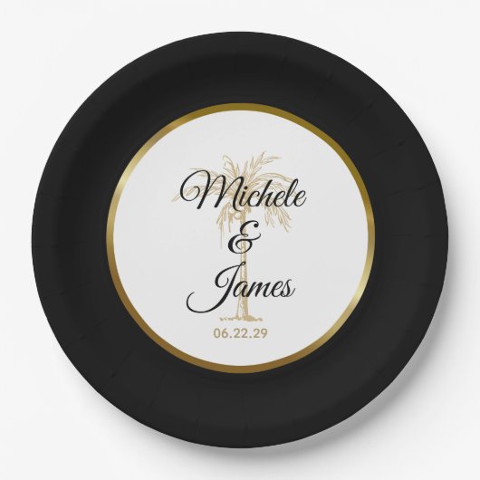 黒エレガント金ゴールドパームモダン結婚ツリー ペーパープレート (正面)