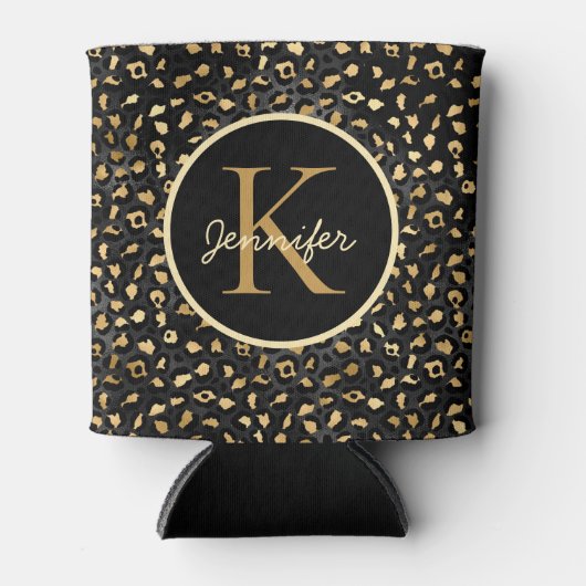 黒エレガント金ゴールドヒョウアニマルプリント 缶クーラー (正面)