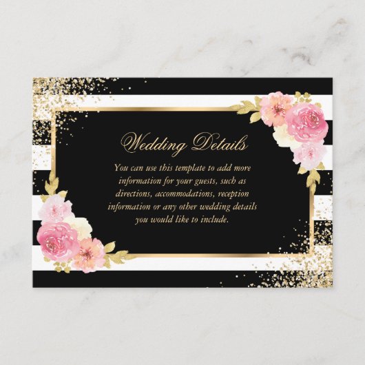 黒エレガント金ゴールドピンクフローラ結婚の詳細 エンクロージャーカード (正面)