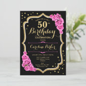 黒エレガント金ゴールドピンク写真50誕生日 招待状 (スタンド正面)