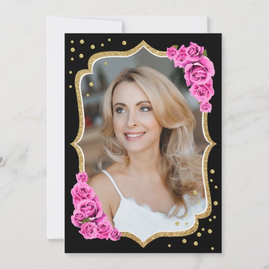 黒エレガント金ゴールドピンク写真50誕生日 招待状 (裏面)