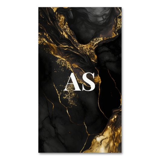 黒エレガント金ゴールドフェイクグリッター大理石モノグラム マグネット名刺 (正面縦)