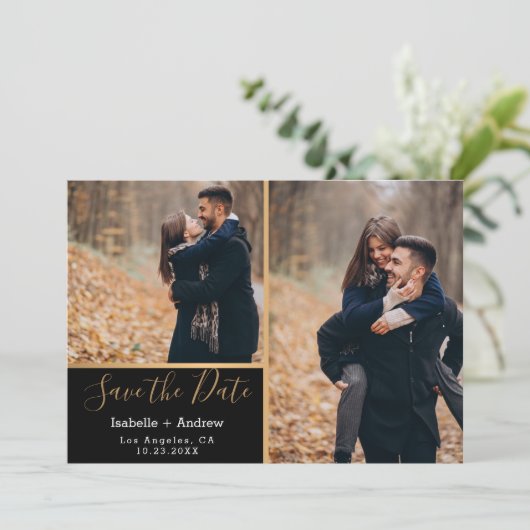 黒エレガント金ゴールドフォトコラージュ日付の保存 セーブザデート (スタンド正面)