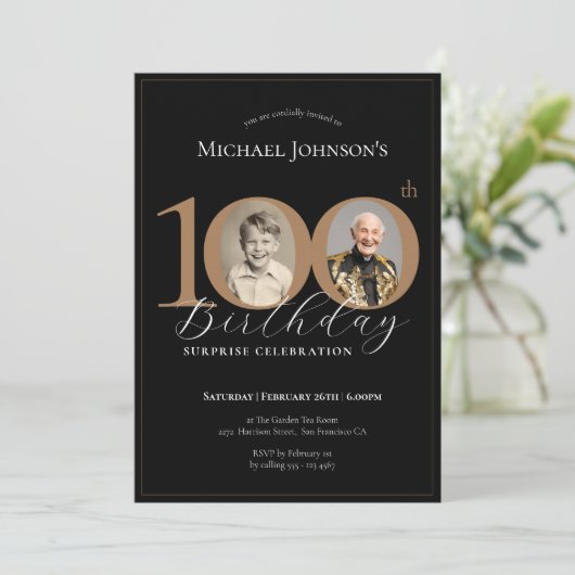 黒エレガント金ゴールドフォトサプライズ100誕生日 招待状 (スタンド正面)
