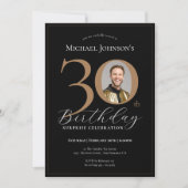 黒エレガント金ゴールドフォトサプライズ30歳の誕生日 招待状 (正面)