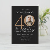 黒エレガント金ゴールドフォトサプライズ40歳の誕生日 招待状 (スタンド正面)