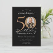 黒エレガント金ゴールドフォトサプライズ50誕生日 招待状 (スタンド正面)