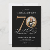 黒エレガント金ゴールドフォトサプライズ70誕生日 招待状 (正面)