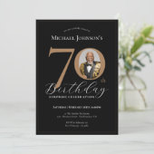 黒エレガント金ゴールドフォトサプライズ70誕生日 招待状 (スタンド正面)