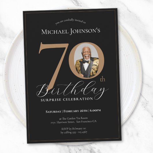 黒エレガント金ゴールドフォトサプライズ70誕生日 招待状