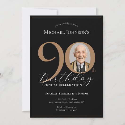 黒エレガント金ゴールドフォトサプライズ90誕生日 招待状 (正面)