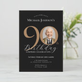 黒エレガント金ゴールドフォトサプライズ90誕生日 招待状 (スタンド正面)
