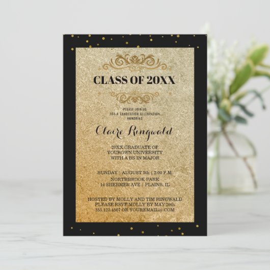 黒エレガント金ゴールドフォーマル大学卒業パーティー 招待状 (スタンド正面)