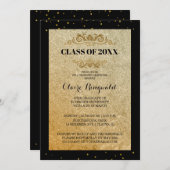 黒エレガント金ゴールドフォーマル大学卒業パーティー 招待状 (正面/裏面)