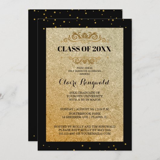 黒エレガント金ゴールドフォーマル大学卒業パーティー 招待状 (正面/裏面)