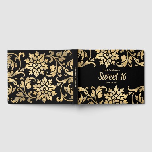 黒エレガント金ゴールドフラワーズスウィート16誕生日 ゲストブック (全面)