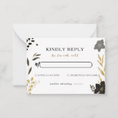 黒エレガント金ゴールドフローラエレガントな結婚式RSVP ノートカード (正面)