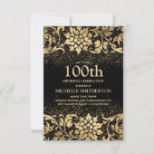 黒エレガント金ゴールドフローラグリッター100誕生日 招待状 (正面)