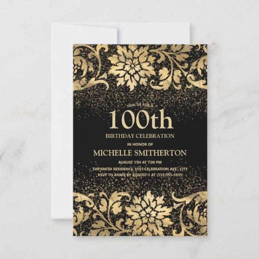 黒エレガント金ゴールドフローラグリッター100誕生日 招待状 (正面)