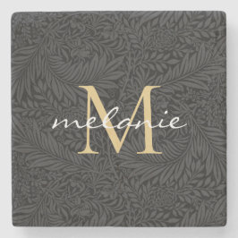 黒エレガント金ゴールドフローラスクリプトモノグラム ストーンコースター