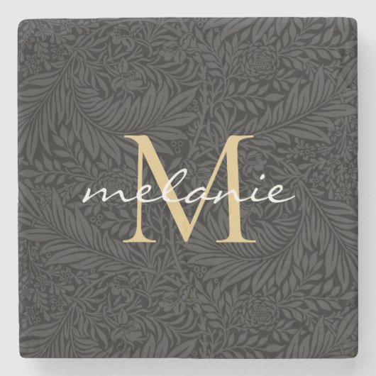 黒エレガント金ゴールドフローラスクリプトモノグラム ストーンコースター (正面)