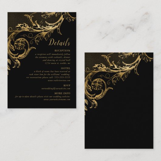 黒エレガント金ゴールドフローラダマスクウェディング詳細 エンクロージャーカード (正面/裏面)