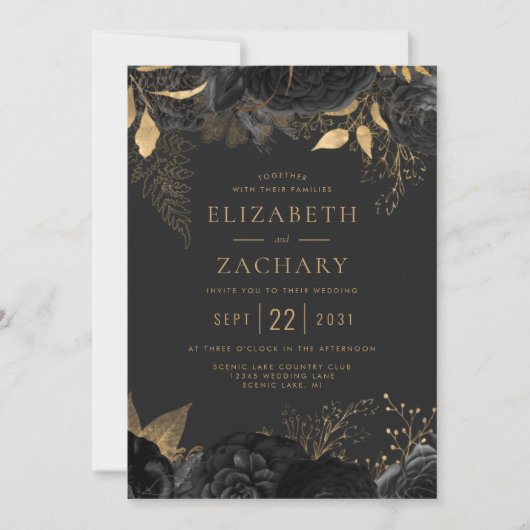 黒エレガント金ゴールドフローラダーク結婚ズ 招待状