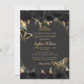 黒エレガント金ゴールドフローラバタフライキンセアニラ 招待状 (正面)