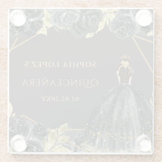 黒エレガント金ゴールドフローラプリンセスキンセアニェラ ガラスコースター (裏面)