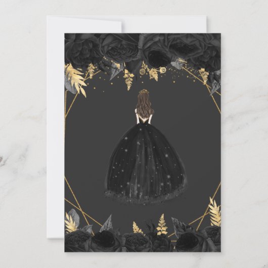 黒エレガント金ゴールドフローラプリンセスQuinceaenera Inv 招待状 (裏面)