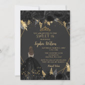 黒エレガント金ゴールドフローラプリンセスSWEET 16 招待状 (正面)