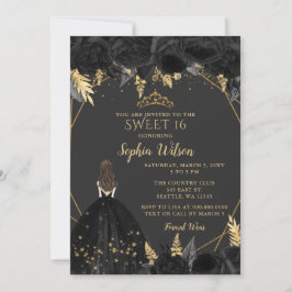 黒エレガント金ゴールドフローラプリンセスSWEET 16 招待状
