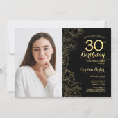 黒エレガント金ゴールドフローラ写真30歳の誕生日 招待状 (正面)