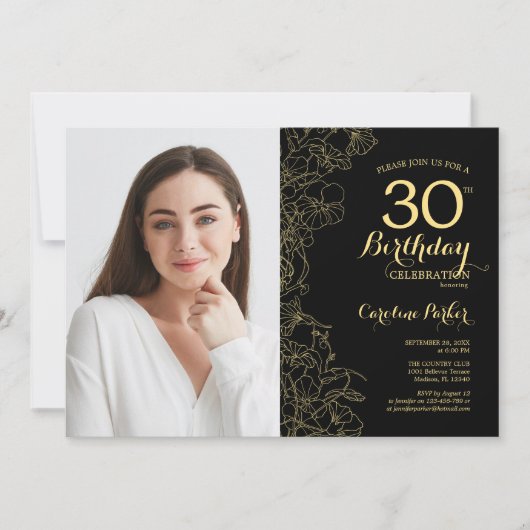 黒エレガント金ゴールドフローラ写真30歳の誕生日 招待状 (正面)