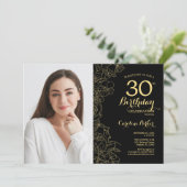 黒エレガント金ゴールドフローラ写真30歳の誕生日 招待状 (スタンド正面)