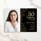 黒エレガント金ゴールドフローラ写真30歳の誕生日 招待状