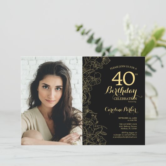黒エレガント金ゴールドフローラ写真40歳の誕生日 招待状 (スタンド正面)