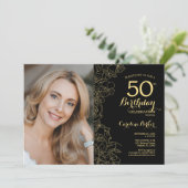 黒エレガント金ゴールドフローラ写真50誕生日 招待状 (スタンド正面)
