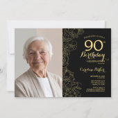 黒エレガント金ゴールドフローラ写真90誕生日 招待状 (正面)