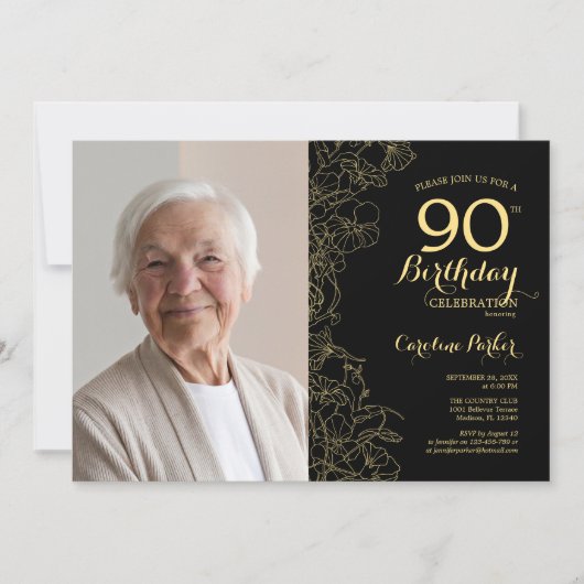 黒エレガント金ゴールドフローラ写真90誕生日 招待状 (正面)