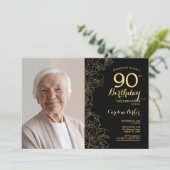 黒エレガント金ゴールドフローラ写真90誕生日 招待状 (スタンド正面)