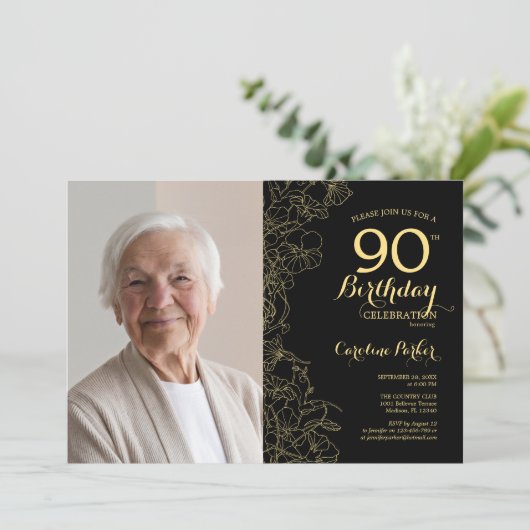 黒エレガント金ゴールドフローラ写真90誕生日 招待状 (スタンド正面)