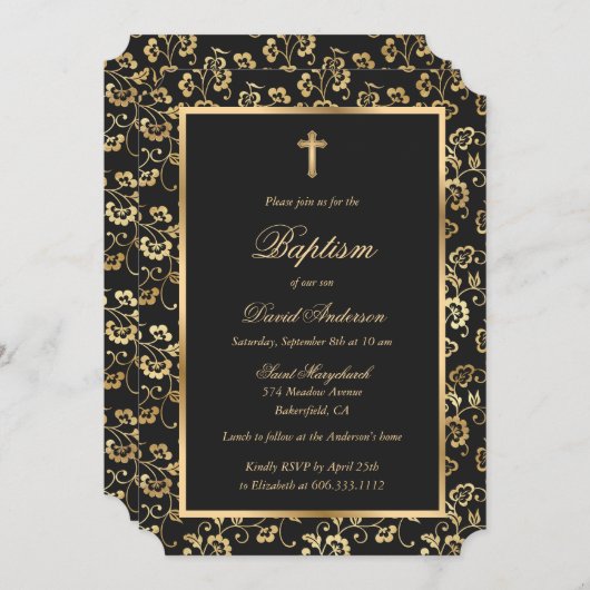 黒エレガント金ゴールドフローラ少年バプテスマ 招待状 (正面/裏面)