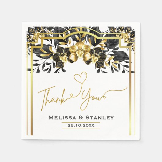 黒エレガント金ゴールドフローラ幾何結婚の スタンダードカクテルナプキン (正面)