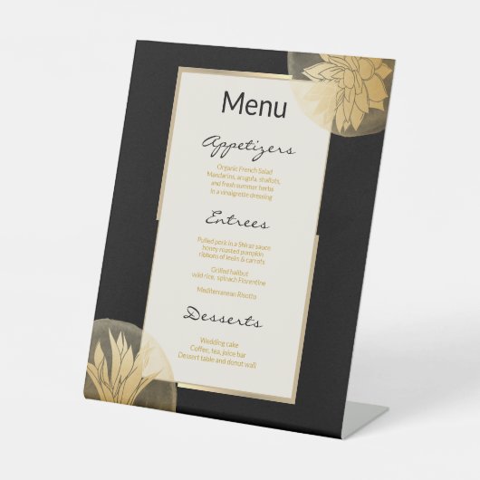 黒エレガント金ゴールドフローラ結婚のメニュー 台座サイン (正面)