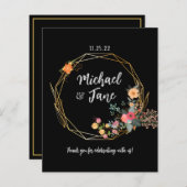 黒エレガント金ゴールドフローラ結婚サンキューカード (正面/裏面)