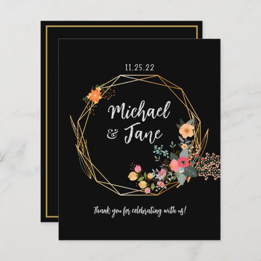 黒エレガント金ゴールドフローラ結婚サンキューカード (正面/裏面)