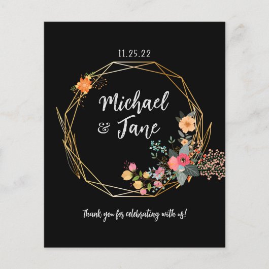 黒エレガント金ゴールドフローラ結婚サンキューカード (正面)