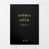 黒エレガント金ゴールドフローラ結婚式RSVP詳細 三つ折り招待状 (カバー)