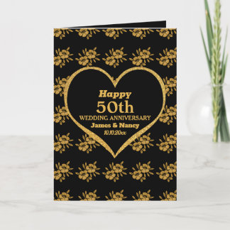 黒エレガント金ゴールドフローラ50結婚周年 カード